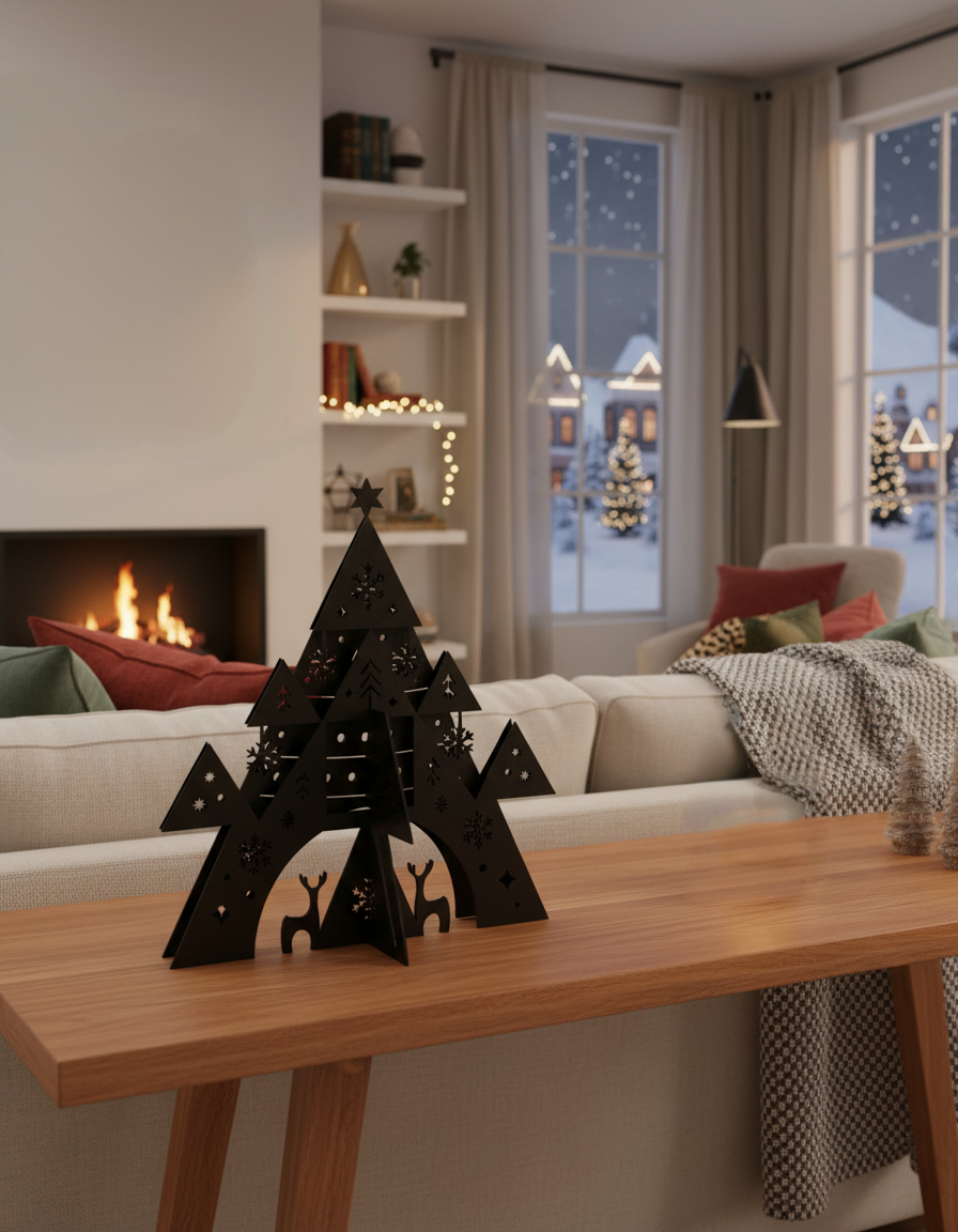 Adorno decorativo Árbol Navideño 3D Pinos y Renos Estilo Minimalista Negro Mate