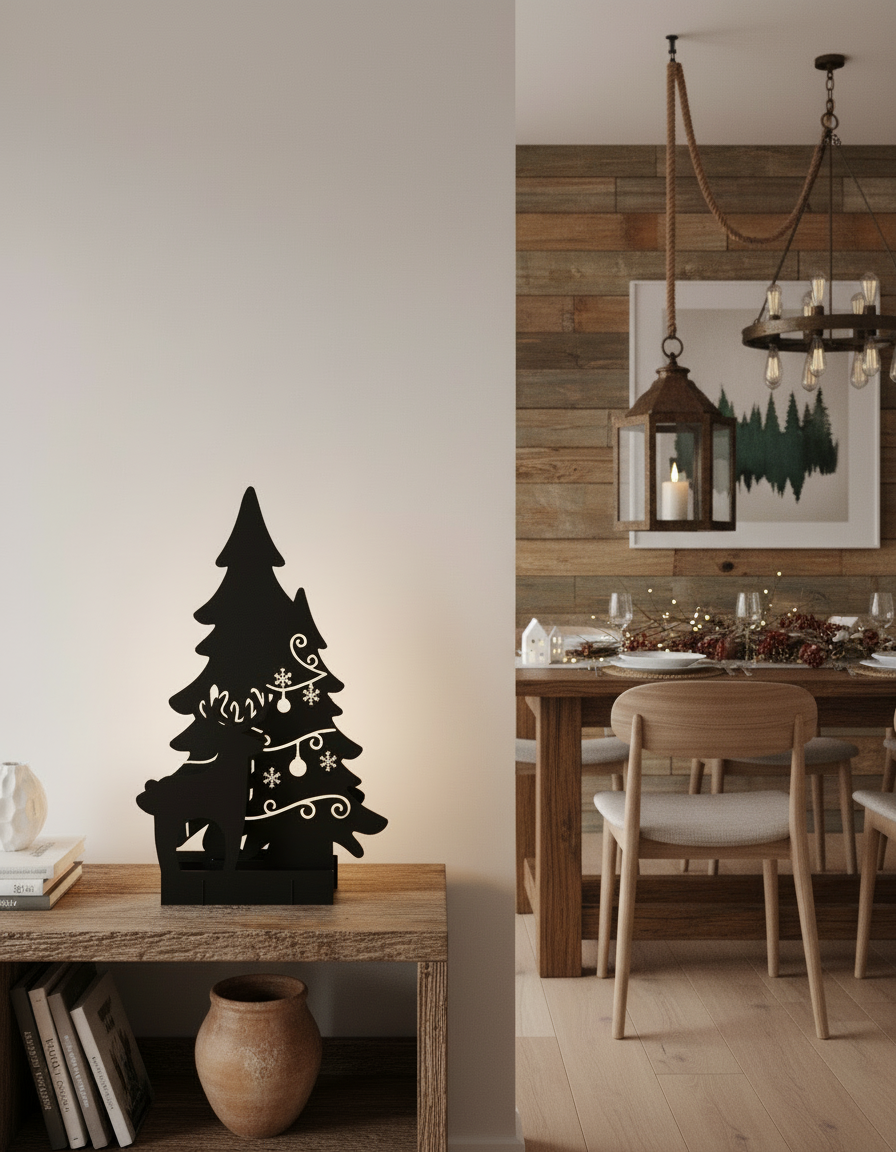 Adorno decorativo Pino y Reno Navideño 3D Estilo Minimalista Negro Mate