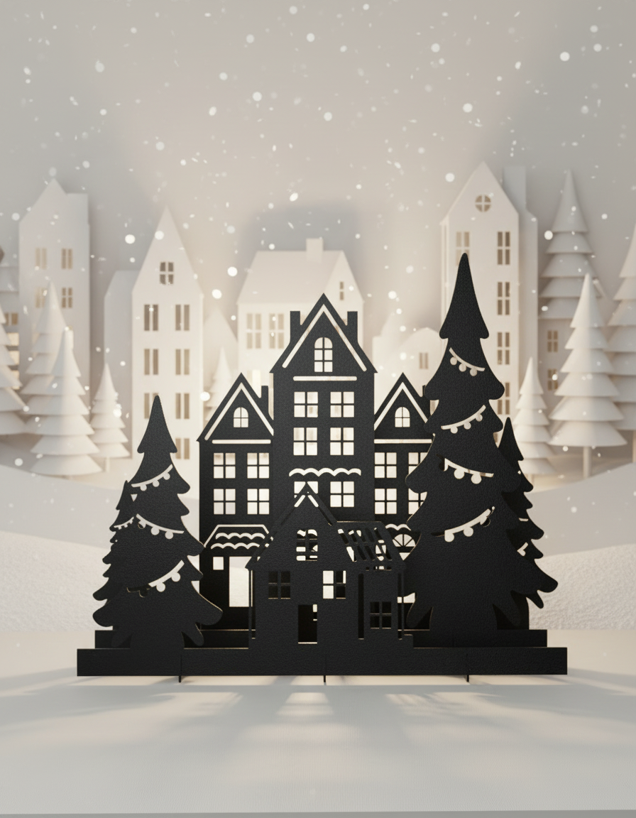 Adorno decorativo Villa Navideña 3D Estilo Minimalista Negro Mate