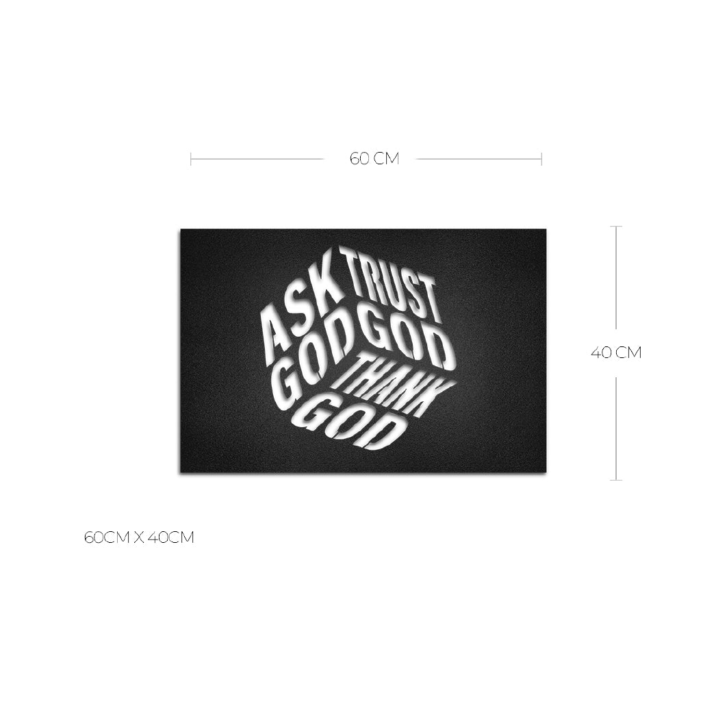Cuadro de metal con la frase “Ask God, Trust God, Thank God” - Taula